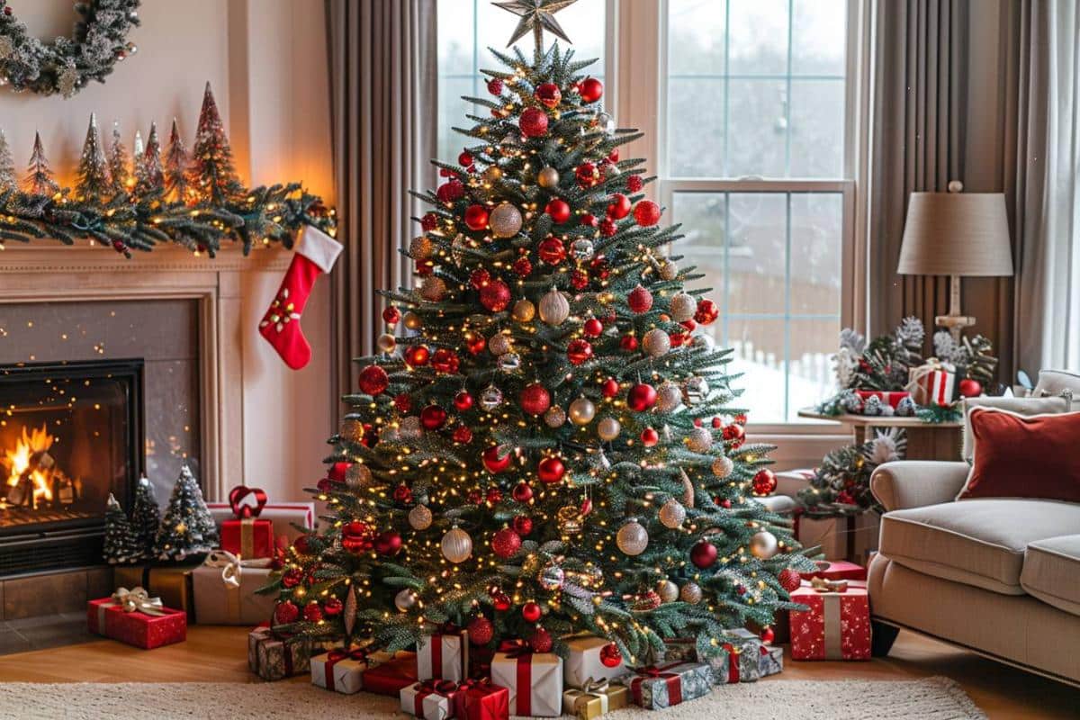 Décoration festive : le charme du sapin rouge et argent.
